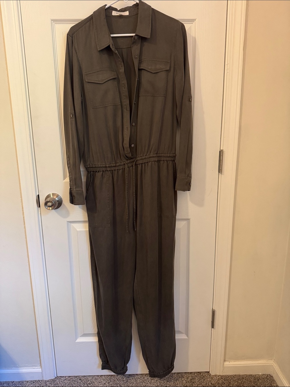 Vince Camuto Olive Utility Button-Front Jumpsuit